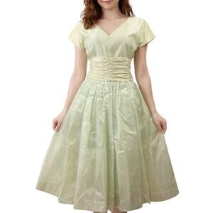 Vintage 50s Women's Small Formal Dress Mint Green Satin Cummerbund Midi